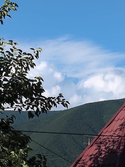 This image depicts an outdoor scene with a bright blue sky and scattered white clouds. The sky takes up a significant portion of the frame, with wispy clouds suggesting a breezy day. In the foreground, lush green foliage from trees partially obscures the view. To the right, a textured, reddish-brown roof with visible corrugated panels juts into the frame from the top. Behind the foliage and beneath the roof, a steep, densely forested mountainside is visible, its green slopes stretching upwards. A thin black wire runs vertically down the right side of the image, and another diagonally across the roof area. There is a glimpse of what appears to be some metal hardware on the mountainside near the roofline. The lighting suggests it is daytime, with clear skies and shadows indicating sunlight. No people are visible, and there is no discernible text. The scene evokes a sense of nature and perhaps a rural or mountainous setting, possibly in Şəki, Azerbaijan, given the provided location context.