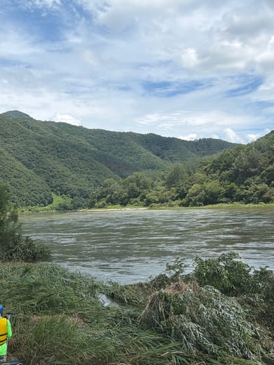 The image depicts a wide river flowing in the foreground, with lush green mountains covered in dense foliage rising in the background. The sky is partly cloudy with patches of blue. The river's surface reflects the sky and the surrounding greenery, showing ripples and currents. The riverbanks are lined with vegetation, including tall grasses and trees. In the lower left corner of the image, a person wearing a bright yellow life vest and a blue helmet is partially visible, standing amongst the reeds. The scene appears to be a natural landscape, likely located in Seo-myeon, South Korea, given the context.