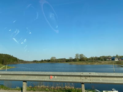 A daytime view from a bridge shows a wide, slow-moving river or lake in Osinovka (Polozovskii S/S), Russia. The view is partially obscured by a gray metal guardrail. The sky is clear and blue. The water's surface is calm, with reflections of the sky and distant trees. Both sides of the water are lined with vegetation and trees. On the right side, in the background, a cluster of houses is visible. A steering wheel and other car interior details are visible in the upper-left, which are reflections in the window.