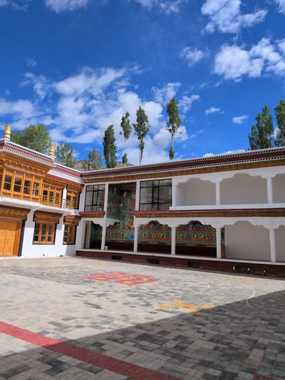 The image shows a courtyard of a monastery in Phyang, India, under a bright blue sky with scattered clouds. The courtyard is paved with interlocking stone tiles of various shades of grey and beige, with red and yellow painted markings suggesting a recreational area, possibly for games.

Dominating the scene is a white building with traditional Tibetan architectural elements. The building features a multi-level design with ornate wooden window frames, balconies, and decorative eaves. The rooflines are capped with gold finials. The exterior walls are white, accented by maroon and red trim. Along the upper facade of the building, a colorful mural depicts religious figures and motifs, possibly Thangka paintings. The building has large, dark-tinted windows and open colonnades with white pillars. Several tall, slender trees with green foliage are visible behind the building, against the backdrop of a gentle slope and more distant, barren hills. The lighting suggests it is daytime, with shadows cast across the courtyard from an unseen source. No people are visible in the image.
