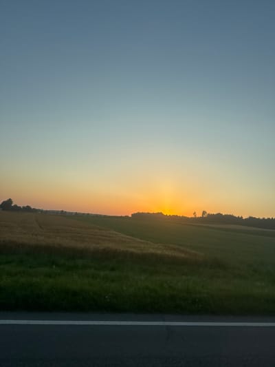 This media file depicts a scenic landscape captured at sunrise or sunset, with the sun low on the horizon, casting a warm, golden-orange glow across the sky. The scene is dominated by a vast expanse of sky, transitioning from a pale blue to a vibrant gradient of yellow and orange.

In the middle ground, a line of trees forms a dark silhouette against the colorful sky, suggesting a forested area. To the right of the trees, a field of crops, appearing dry and golden, stretches out, its texture and color indicating a likely harvest season. Beyond this, the landscape transitions into a lush green field, possibly a meadow or another type of agricultural land.

The foreground is occupied by a paved road, likely a rural or suburban road, running parallel to the fields. A white line marks the edge of the road. The road's dark surface contrasts with the natural elements surrounding it.

The overall mood is peaceful and serene, evoking a sense of natural beauty. The time of day is clearly indicated by the low sun and the characteristic sky colors of dawn or dusk. While the specific location is identified as Aulendorf, Germany, there are no visible text elements in the image itself. The image is oriented vertically, suggesting it was taken from a moving vehicle or a vantage point slightly elevated from the ground.