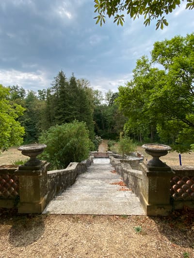 The image depicts an outdoor view of a stone staircase leading down into a wooded area. The staircase is flanked by stone balustrades with decorative urns at the top. The balustrades are partially covered in moss and have a decorative terracotta tiling pattern along the lower section. The ground leading up to the stairs is covered in gravel and scattered dry leaves. Beyond the staircase, the path continues into a forest of various trees, with a patch of dry, mowed grass to the right. The sky above is cloudy and overcast. The scene appears to be a garden or park setting, possibly at the historical site of Laténa in Switzerland, given the context. There are no people or animals visible in the image.