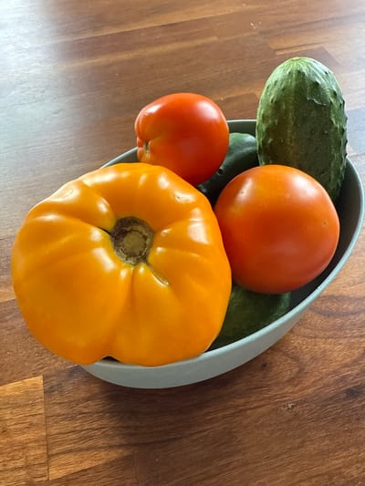 A close-up, eye-level shot shows a light blue bowl filled with various vegetables placed on a dark wooden surface. The bowl contains two dark green cucumbers, one large, ribbed orange tomato, and two smaller, round orange tomatoes. The wooden surface has a visible wood grain pattern. The scene is lit from above, creating subtle shadows. The location is the city of Птицевод-2 Снт, Russia.