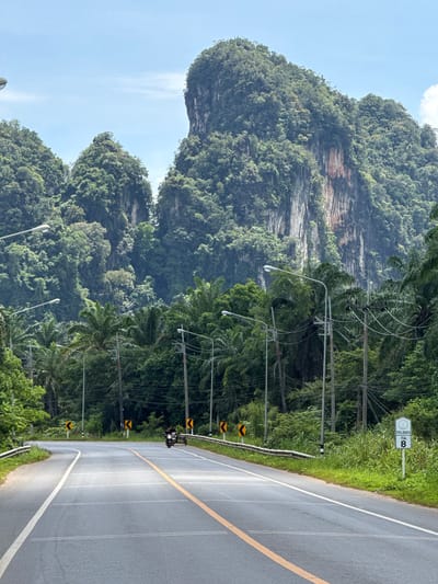 The image shows a paved road curving to the left in a tropical environment. Towering, jungle-covered limestone karst mountains dominate the background. The road has clear lane markings, including a double yellow line in the center and white lines on the edges. Several streetlights and utility poles line the roadside, interspersed with lush green trees, including palm trees. A motorcycle with a sidecar is visible on the right side of the road, moving away from the camera. Warning signs indicating curves in the road are present on the left and right sides. A white signpost with Thai text and the number "8" is also visible on the right. The sky is a clear blue with some faint clouds. The location is identified as Ban Nai Sa, Thailand.