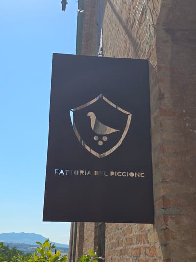 A dark rectangular sign hangs from a brick building in San Savino, Italy. The sign features a silver shield emblem with a bird silhouette and three circles below it. Below the emblem, the words "FATTORIA DEL PICCIONE" are cut out, revealing the sky behind them. The building is made of red brick, and a clear blue sky is visible. In the background, rolling hills and distant mountains can be seen. Green foliage is in the foreground.