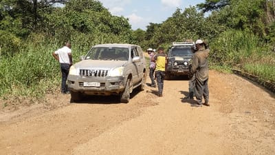 The image shows a dirt road in Rutshuru, Democratic Republic of Congo, at latitude -0.747 and longitude 29.223. There are two vehicles parked on the road, one silver SUV and one black truck. The silver SUV has the license plate "2014-8139". Five people are standing in the middle of the road. One person is standing next to the silver SUV. Two people are talking next to the black truck. Two people are standing further down the road, facing away from the camera. The road is lined by tall grass and bushes on both sides. The sky is clear and blue.