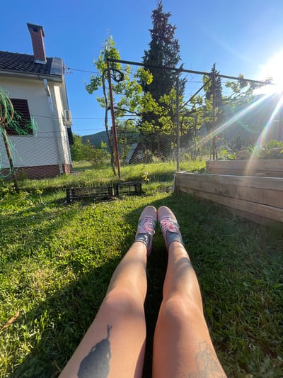 This first-person perspective image, rotated 90 degrees counter-clockwise, depicts a person's legs and feet resting on lush green grass in a sunny outdoor setting. The bright sun, emanating from the upper left, creates prominent lens flares and casts long shadows, suggesting either morning or late afternoon.

In the foreground, the person's tanned legs are visible, adorned with tattoos. The right leg features a dark, stylized pear or fruit design, while a more abstract tattoo is partially visible on the left leg. Pink sneakers with white laces and green stripes, reminiscent of Adidas Gazelles, are worn over grey socks.

The mid-ground showcases a vibrant green lawn or garden area. To the right, a wooden raised garden bed or fence structure is present. A wire fence stretches across the scene, beyond which two black plastic crates are positioned on the grass. Various trees and foliage, including a prominent vine-covered trellis, contribute to the natural ambiance.

In the background, a light-colored house with a red-tiled roof and a brick chimney is visible to the left. The house features a window with dark wooden shutters. Beyond the garden and residential structure, distant mountains rise against a clear, brilliant blue sky.

The scene evokes a serene and pleasant outdoor moment, likely within a private garden in Danilovgrad, Montenegro, as indicated by the architectural style and mountainous backdrop. There is no visible text in the image.