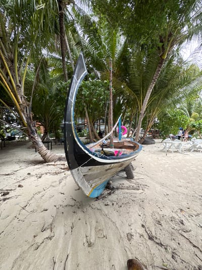 An abandoned wooden boat, with a high, curved black prow, rests on a sandy beach in Dhigurah, Maldives. The boat is positioned at an angle, revealing its weathered wooden hull with blue and white detailing along the sides. The interior of the boat contains a pink inflatable ring and a pink bucket. The beach is covered in light-colored sand with scattered seaweed and debris. Behind the boat, lush palm trees with long fronds create a dense canopy, casting shadows on the sand. In the background, a few people are visible standing near white plastic tables and chairs, suggesting a resort or dining area. The overall scene depicts a tropical beach setting with a prominent, aged vessel as the central focus.