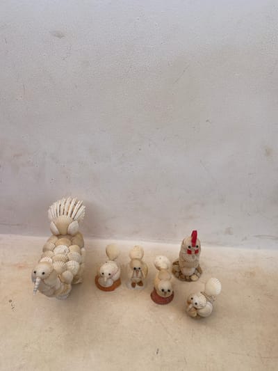 The image shows a collection of seashell crafts, positioned against a textured, off-white wall. The arrangement includes figures resembling a rooster, a chicken, fish, and another unidentified animal, possibly a narwhal, all constructed from seashells. The setting appears to be indoors, with the lighting casting subtle shadows on the wall. Based on the location metadata, the scene is located in Djondji, Benin.