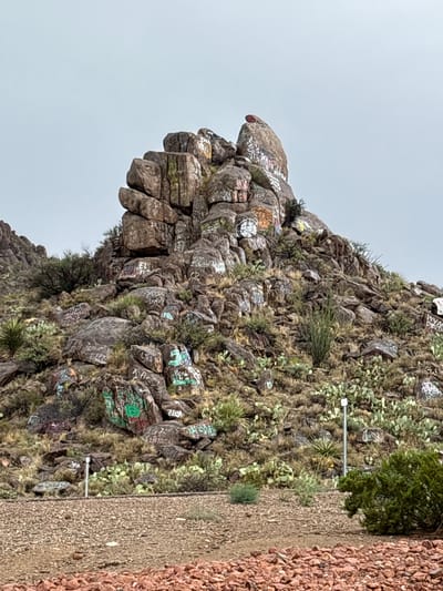 An outdoor, medium shot captures a rocky hillside covered in graffiti. The hillside is densely populated with various-sized rocks, some appearing as boulders, interspersed with arid vegetation including cacti and scrub brush. The rocks are discolored with graffiti in multiple colors such as red, yellow, blue, and green, with some text being legible like "ZELDA" and "Jess." A prominent, larger rock formation is situated at the crest of the hill, topped with a reddish, rounded rock. The sky above is overcast with a pale gray hue. In the foreground, a path or road is visible, composed of loose reddish-brown gravel. Two white post-like markers are sparsely placed on the hillside, one towards the left middle ground and another more to the right middle ground. A dense green bush is visible in the bottom right corner. The scene appears to be a natural landscape within a city, likely a park or undeveloped area.