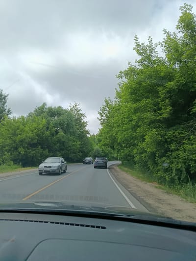 The image depicts a view from inside a vehicle looking out at a paved road bordered by lush green trees on both sides. The sky is overcast with thick grey clouds. Several cars are visible on the road. The closest car to the viewer is a silver sedan, followed by a dark SUV, and another vehicle partially visible further ahead. The road curves to the right, leading into a densely wooded area. The overall impression is that of a drive through a natural, possibly rural or suburban, setting under a cloudy sky. There is no discernible urban landscape or specific landmarks to indicate the city of Тополиный, Russia.