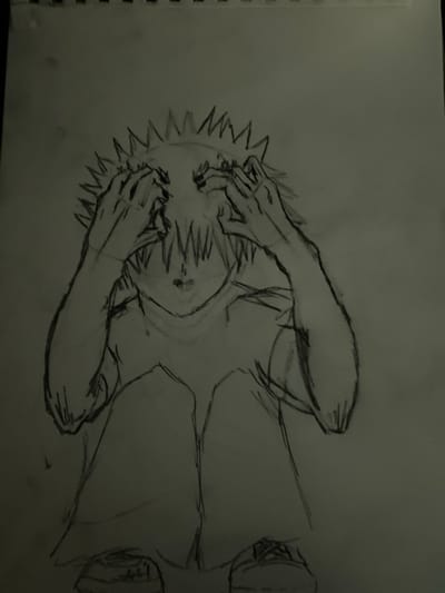 This is a pencil sketch on paper of an anime-style character. The character is depicted from the chest up, with spiky hair and hands covering their eyes. They are wearing a simple t-shirt. The sketch is in black and white and appears to be unfinished. There is no indication of any specific location within Elizabeth City, United States, or any environmental context.