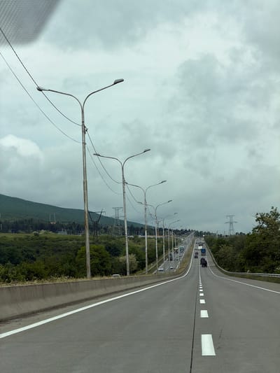 The image depicts a highway in Tserovani, Georgia under an overcast sky. The road stretches into the distance with a line of cars and trucks visible. Streetlights line the side of the highway. A green, tree-covered hillside is adjacent to the road, with electrical pylons visible through the trees. The image has a slightly tilted perspective.