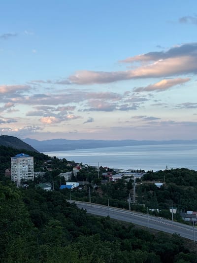This media file depicts a coastal landscape scene in Malyi Mayak, Ukraine, likely during the late afternoon or early evening. The image is oriented vertically.

The foreground features a dense canopy of dark green trees on a hillside, with a paved road curving through the scene. The road has visible streetlights and barriers along its edge. Nestled amongst the trees and extending down towards the coast are numerous buildings, ranging from smaller houses with red and white roofs to a taller, multi-story apartment building with numerous windows. A prominent building with a bright blue roof is also visible.

Beyond the town, a calm, vast body of water stretches towards the horizon. The water appears slightly rippled, reflecting the soft, pastel hues of the sky. In the far distance, a hazy mountain range is visible, softened by atmospheric perspective. The sky itself is a canvas of pale blue, gradually transitioning to softer tones where it meets the horizon. Scattered clouds, tinged with pink and grey, create a gentle, atmospheric effect, suggesting either the approaching sunset or an overcast sky.

No people are visible in the image, and the scene conveys a sense of tranquility and quietude. The location cues, such as the architecture and the general topography, are consistent with a coastal settlement in this region. There is no visible text in the image.