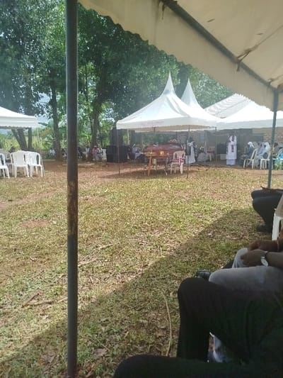 The scene depicts an outdoor gathering in North Ugenya ward, Kenya, centered around what appears to be a funeral or memorial service. In the immediate foreground, the lower torsos and legs of at least two seated individuals are visible, one wearing dark trousers and a top, another light grey trousers and a light top, with a wristwatch on a left wrist. A dark, vertical metal pole rises in the left foreground.
The mid-ground presents an open, patchy grassy area with visible soil and scattered debris, leading to multiple white event tents. Under two prominent white, pointed-roof tents, a dark brown wooden coffin rests on a light wooden stand. Near the coffin, at least two individuals in white clerical robes are standing, one positioned directly beside the coffin, the other to its right, seemingly officiating. Two large black speaker boxes are visible under the left pointed tent.
Approximately 50 or more individuals are seated on white plastic chairs beneath the tents and in adjacent open areas. Additional attendees are visible further back under another flat-roof white tent to the left, and among dense green trees that dominate the background. A brick structure with a corrugated roof is partially visible on the far right background. The general activity involves individuals seated and observing, while the robed figures stand near the coffin. The environment is open-air, under natural daylight.