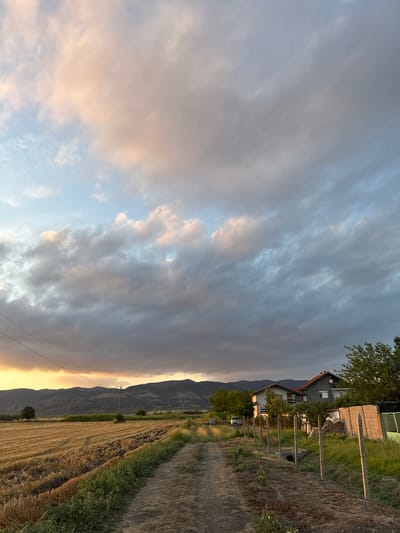 This is a landscape photograph taken in Blatets, Bulgaria, likely during the golden hour just before sunset. The image is oriented vertically.
The primary subjects are a vast, cloudy sky and a rural scene. The sky is filled with dynamic clouds, some appearing dark and stormy, while others are tinged with the warm, soft light of the setting sun, creating a dramatic contrast between light and shadow.
The foreground depicts a field that appears to have been recently harvested, with stubble visible. To the right of the field, a narrow dirt path runs alongside a grassy verge. In the mid-ground, a traditional house with a tiled roof is situated amidst trees and greenery. A car is parked near the house. The background features a mountain range that is partially obscured by the clouds and the haze of the setting sun.
The overall mood of the image is serene and contemplative, capturing the beauty of a rural landscape at dusk. The weather appears to be mixed, with evidence of both approaching rain (dark clouds) and the lingering warmth of the day (sunlit clouds and fields). The presence of mountains and the type of vegetation suggest a location in a valley or rural area. No text is visible in the image.
