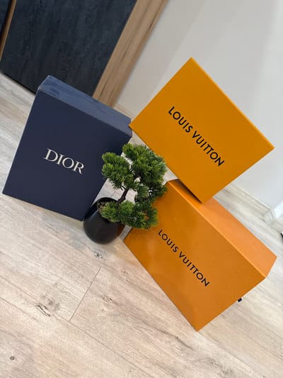 The image captures a static overhead view of three luxury brand boxes and a small potted plant arranged on a light-colored wooden floor, likely indoors in Belovo, Bulgaria.

Two Louis Vuitton boxes dominate the upper and right portions of the frame. They are both in the brand's distinctive orange-gold color with the name "LOUIS VUITTON" printed in black capital letters on their lids. One box is positioned with its text oriented diagonally from the bottom left to the top right, while the other is angled differently but also displays the brand name.

Below these, a dark blue Dior box is placed on the lower-left side. It features the brand name "DIOR" in white or silver capital letters prominently displayed on its lid.

Between the three boxes, a small, artificial plant, resembling a miniature pine or bonsai, is situated in a round, glossy black pot. Its vibrant green foliage provides a natural element amidst the packaging.

The wooden floor consists of light planks with visible grain patterns and seams. To the far left, a dark grey or black textured surface, possibly part of a piece of furniture or another flooring type, can be seen, contrasting with the lighter wooden floor. A plain, light-colored wall or background surface is visible in the upper-left corner of the image. The scene is brightly lit, suggesting a daytime setting. No individuals or specific activities are depicted.