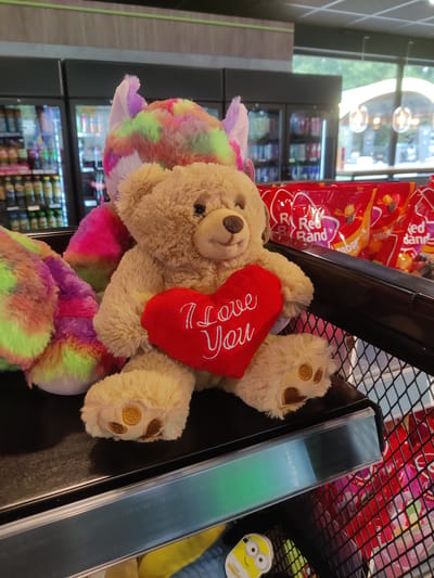 In Eijsden, Netherlands, a close-up shot captures two plush toys, a teddy bear and a colorful cat-like creature, resting on a black shelf. The teddy bear, in the foreground, is a light brown color and holds a red heart with "I Love You" embroidered in white. The colorful plush toy, partially obscured behind the bear, features vibrant hues of pink, purple, green, and yellow. Behind the toys, a rack displays red bags of candy, with some branding visible. In the background, out-of-focus, are refrigerators stocked with drinks, suggesting a store or convenience store setting. The overall lighting is bright and even.