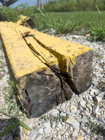 A close-up, eye-level shot shows a weathered, yellow-painted wooden beam on a bed of gravel and sparse green vegetation. The beam appears to be split down the middle, revealing dark, aged wood and significant cracking. A rusty nail protrudes from the top surface of the beam, near the split. The background is blurred, showing more green foliage and a bright sky, suggesting an outdoor environment. The scene suggests a discarded or abandoned object in a natural or semi-natural setting.