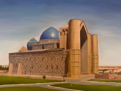 This is an oil painting depicting the Gur-e-Amir mausoleum in Samarkand, Uzbekistan. The mausoleum is the centerpiece of the image, with its distinctive blue domes, intricate tilework, and imposing portal. The architecture is characteristic of Timurid era structures, with geometric patterns and Arabic calligraphy adorning the walls.

The painting captures the mausoleum under a clear, pale blue sky, suggesting a bright, sunny day. The landscape surrounding the mausoleum is arid and flat, with hints of greenery in the foreground, indicative of a desert or steppe environment. Distant buildings and trees are rendered in muted tones, drawing the viewer's focus to the grandeur of the mausoleum.

The style of the painting is realistic, with attention paid to light and shadow to create depth and volume. The brushstrokes are visible, adding texture to the surfaces of the buildings and the sky. The overall mood is one of solemnity and historical grandeur, evoking the rich cultural heritage of the region. The scene is static, with no people or animals visible, emphasizing the architectural monument itself. The painting does not appear to contain any visible text other than the decorative calligraphy on the mausoleum walls.