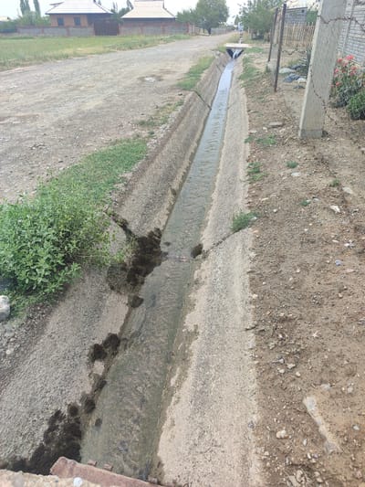 The image shows a concrete irrigation channel filled with flowing water running alongside a dirt road. On the left side of the channel, there is a patch of green vegetation. The right side of the channel is bordered by a dirt embankment with scattered rocks and some green shoots. In the background, on the left side of the dirt road, are two houses with tiled roofs and brick walls, characteristic of rural or suburban architecture. A wire fence runs along the right side of the scene, with a concrete post supporting it. Beyond the fence, there are some flowering plants. The scene appears to be in an outdoor, possibly rural or semi-rural, environment, consistent with the location in Жаңы-Абад, Kyrgyzstan.