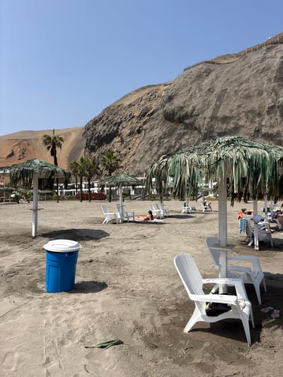 The image depicts a beach scene in San Antonio, Peru, under a clear blue sky. In the foreground, a blue trash can with a white lid sits on the sandy beach, accompanied by several white plastic lounge chairs. Some of these chairs are empty, while others are occupied by people relaxing or sunbathing. One person is seen lying on a towel between two chairs. Further back, palm trees and palapa-style umbrellas with thatched roofs provide shade. Beyond the beach, a large, arid mountainside dominates the background, with a path and fencing visible on its upper slopes. Buildings that appear to be part of a resort or hotel are situated at the base of the mountain. The overall impression is one of a leisure activity on a sunny day.