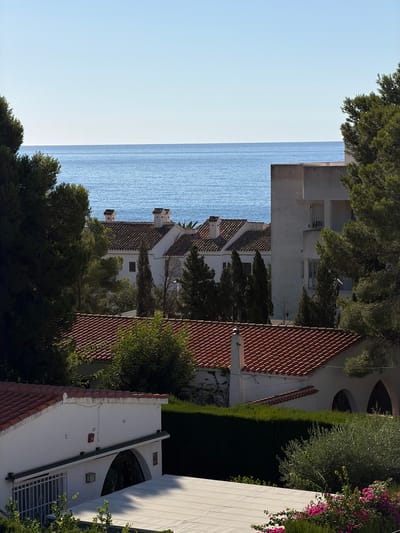 The image depicts a view overlooking the Mediterranean Sea from Alcalà de Xivert, Spain. In the foreground, there are several white buildings with red tile roofs, characteristic of Mediterranean architecture. Some of these buildings feature arched entrances and windows, and one has a white awning. To the right, lush green foliage and vibrant pink flowers are visible. In the middle ground, more white buildings with red tile roofs are nestled amongst tall evergreen trees. In the background, the calm, blue expanse of the sea stretches to the horizon under a clear, pale blue sky. A modern, light-colored multi-story building is also visible on the right side of the frame, partially obscured by trees. The overall scene conveys a sense of coastal tranquility and residential development.