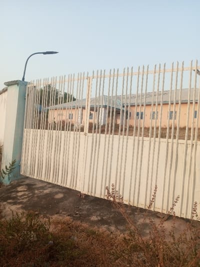 The image captures a ground-level view of a fenced property entrance in Okeni, Nigeria, under clear daylight conditions. In the immediate foreground, dry, sparse brown vegetation grows on dark, uneven ground. The primary subject is a closed, light-colored metal gate composed of numerous vertical bars, extending across the majority of the frame. To the left, a light blue concrete pillar anchors the gate, topped with a dark, curved street light fixture. This pillar connects to a pale concrete wall, exhibiting some discoloration. Behind the gate, a single-story building with a light peach-colored facade and a light gray corrugated metal roof is visible. The building features several rectangular windows with blue frames. A prominent darker blue section is present on a smaller roof segment, possibly indicating an entrance or distinct structural element. Sparse green trees and dry shrubbery are visible surrounding the building. The sky above is clear and pale blue. No individuals are present in the scene.