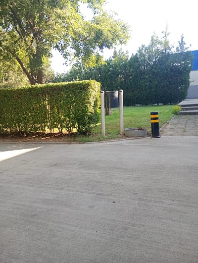 The image depicts an outdoor scene with a paved area in the foreground and a manicured hedge line behind it, separating the pavement from a grassy area. Beyond the grass, a row of coniferous trees forms a backdrop, with a building that appears to be blue and white visible on the right side. In the middle ground, several objects are present: a black trash receptacle with a ribbed exterior supported by two white posts, a circular metal container partially filled with what appears to be debris, and a black and yellow striped bollard. A large tree with green foliage shades a portion of the hedge. The lighting suggests it is daytime, with sunlight casting shadows on the pavement. The scene is located in Benkovski, Bulgaria.
