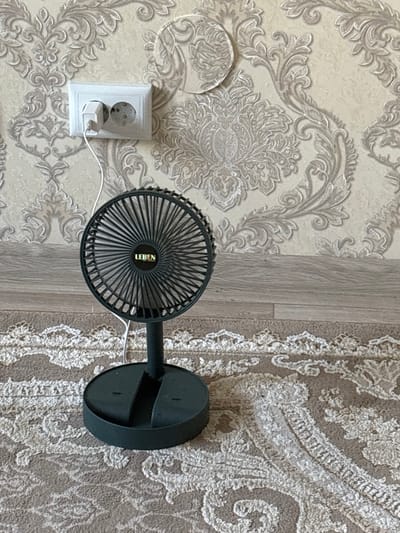 The image depicts a black portable fan with the brand name "LEBEN" visible in the center of its grille, plugged into a white electrical socket on a wall covered with damask wallpaper. The fan is positioned on a floor covered with a patterned rug. The scene is indoors, likely a domestic setting. There are no people or animals visible in the image. The lighting suggests it is daytime, and the environment appears to be a room. The location is not specified in the image, and therefore, cannot be determined to be in Nefteyugansk, Russia.