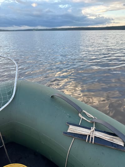 A fishing net is positioned in the foreground, attached to an inflatable boat. The boat is dark green and appears to be on a body of water. The water has ripples, reflecting the cloudy sky above. In the distance, a line of trees marks the horizon. There are no people or animals visible in the image.