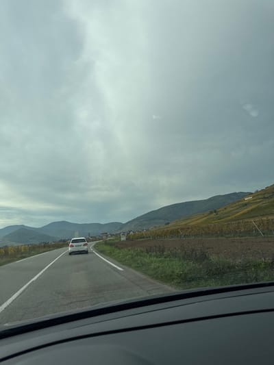The image depicts a forward-facing view from inside a vehicle, showcasing a two-lane asphalt road that curves gently to the right. A white Mercedes-Benz B-Class sedan is positioned ahead in the right lane. The road features a continuous white line on its right edge and a dashed white center line. To the immediate right of the road, a strip of vegetation gives way to cultivated vineyards exhibiting autumn or dormant foliage, extending up a hillside. In the middle distance, a cluster of buildings indicative of a village is visible at the base of the hills, partially obscured by the terrain. The background consists of a range of undulating hills and mountains, largely covered in vegetation. The sky is entirely overcast with a uniform layer of gray clouds. This scene is located in the rural landscape of Kaysersberg-Vignoble, France, characterized by its vineyards and mountainous surroundings.