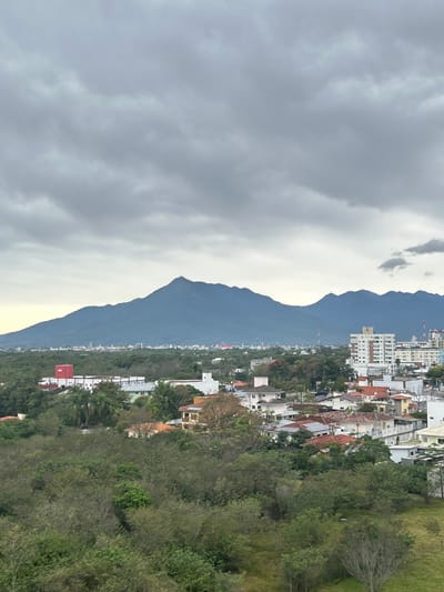 The image captures a panoramic view of the city of Palhoça, Brazil, under a cloudy sky. Dominating the background is a large mountain range, its slopes covered in lush green vegetation. In the mid-ground, the cityscape unfolds with a mix of residential houses and larger buildings. Notably, several multi-story buildings with white facades and visible windows are present. The foreground is characterized by dense green foliage, suggesting a verdant natural environment surrounding the urban area. The overall impression is one of a city nestled within a natural landscape, with a somber sky indicating potential for rain.
