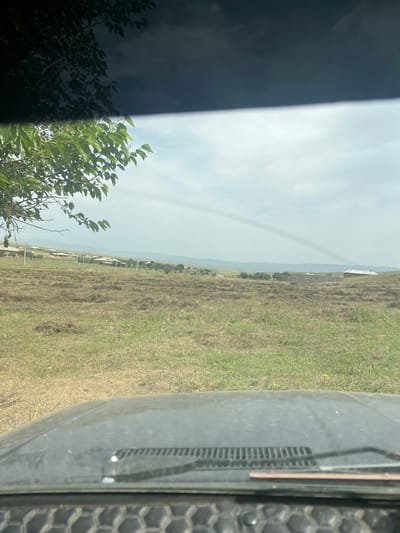 The image depicts a view from inside a vehicle, possibly a car, showing a landscape outside the window. The scene consists of a grassy field with patches of dry vegetation, suggesting a rural or agricultural area. In the distance, there are buildings, possibly farmhouses or other structures associated with agricultural activity. Beyond the buildings, a faint outline of hills or mountains is visible on the horizon. The sky is overcast. In the foreground, parts of the vehicle are visible, including the hood and a tire. Some tree branches and leaves are visible at the bottom left corner of the image. There is no indication of the specific location within Qoraobdol QFY, Uzbekistan, from the provided information. There are no people, animals, or specific actions depicted.