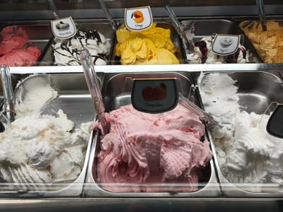 The image shows a close-up view of a refrigerated display case filled with various flavors of gelato. The display case is divided into metal trays, each containing a different flavor. Scoops are inserted into some of the trays, suggesting that the gelato is being served. In the foreground, there are several trays of gelato, including a pink strawberry or raspberry flavor, a white flavor with shredded coconut, and a creamy white flavor with what appears to be a berry swirl. Above these, in a second row of trays, are flavors like stracciatella, mango, yogurt with berries, and an amber-colored gelato. Signs indicating the flavors are visible above some of the trays. The overall scene suggests a gelato shop. Based on the context provided, this gelato shop is located in Follonica, Italy.