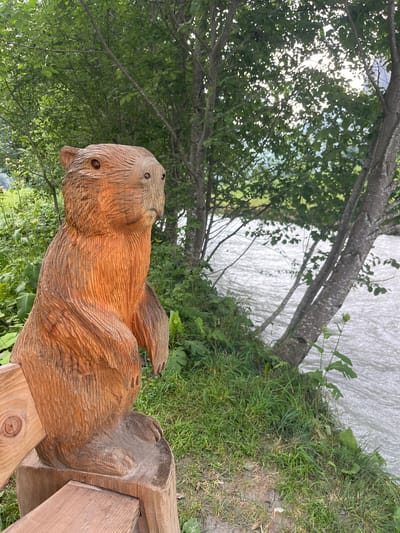 A wooden carving of a marmot is positioned on a wooden bench in Wengen, Switzerland. The marmot carving is situated in the foreground, with its head turned slightly to the right. Behind the carving, a river flows, with trees and foliage lining its banks. The sky above is overcast, with sunlight filtering through the leaves of the trees. The overall scene depicts a serene natural setting, characteristic of the Swiss Alps.