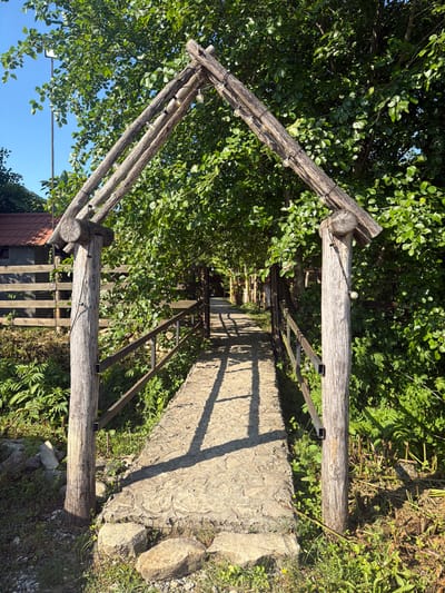 A rustic wooden archway frames a stone pathway leading into a lush green environment, suggestive of a natural setting. The archway is constructed from roughly hewn logs, with string lights draped across the beams. The pathway is paved with irregular stones and bordered by a simple metal railing. Dense foliage, including trees and undergrowth, surrounds the pathway, creating a sense of enclosure and natural beauty. The scene appears to be set outdoors on a sunny day.