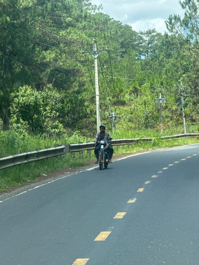 A person rides a motorcycle on a paved road lined with a metal guardrail and lush green vegetation, including tall pine trees and smaller shrubs. Power lines crisscross above the road, supported by utility poles. The road has intermittent yellow dashed lane markings. The person on the motorcycle is wearing a helmet and a jacket and is the sole occupant of the vehicle. The sky is partly cloudy. The scene appears to be in a rural or mountainous area, consistent with locations like Thôn 6, Vietnam.