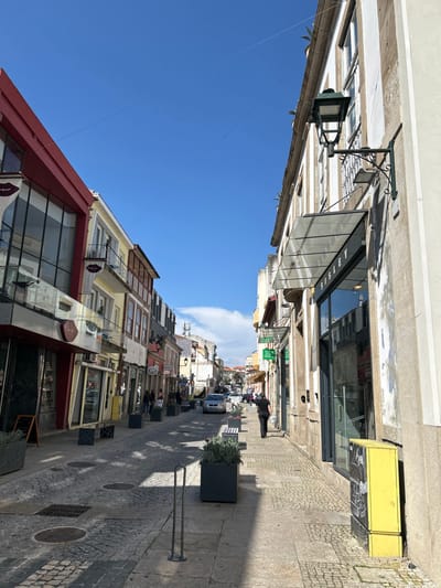 The image depicts a narrow urban street in Chaves, Portugal, viewed looking down its length under a clear blue sky. The street is lined on both sides by multi-story buildings with commercial establishments on their ground floors.
On the left, the foreground building features a prominent red upper facade with large reflective glass windows. Further down, buildings exhibit varying architectural styles and colors, including yellow, light brown, and white, with some possessing balconies. Their ground levels contain multiple storefronts.
On the right, a light-colored building with vertical stone-like stripes dominates the foreground. It features a large glass storefront with a transparent awning displaying "SISLEY." An ornate green street lamp is affixed to this building. A bright yellow utility box is visible at the building's base. Further down, other storefronts are present, including one with a green sign.
The street itself is paved with cobblestones, featuring several circular manhole covers and rectangular grates. Concrete sidewalks border both sides of the street. Dark grey rectangular planters containing green foliage are spaced along both sidewalks, some accompanied by benches. Metal bollards are also present on the sidewalks.
One individual, dressed in dark attire, is visible walking away from the camera on the right sidewalk. Several other indistinct figures appear as pedestrians further down the street on the left. Multiple passenger vehicles, including a light-colored sedan, are visible parked or in motion further down the street.
Overhead wires traverse the sky, which is a clear blue with a small patch of white cloud visible in the distance. Shadows from the buildings extend across the street and sidewalks, indicating bright daylight conditions. A communication tower structure is faintly visible on a distant rooftop.