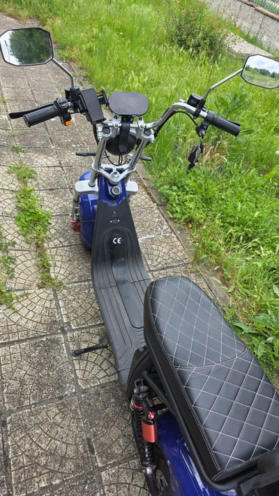 An electric scooter sits parked on a paved surface in an outdoor environment that appears to be in Valchi Dol, Bulgaria. The scooter is blue and black, with a leather seat featuring a quilted pattern. It has handlebars with mirrors and an electronic display. Grass and weeds are visible nearby. The paved surface is made of interlocking concrete stones. A kickstand is deployed, supporting the scooter.