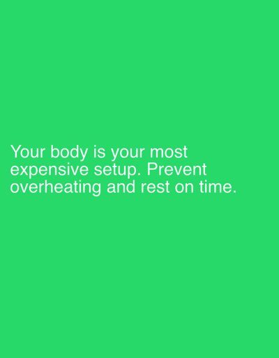 This is a media file featuring a simple graphic with white text on a bright green background. The text reads: "Your body is your most expensive setup. Prevent overheating and rest on time." There are no people, objects, or scene elements visible. The setting is abstract, with no discernible location cues, time of day, or weather conditions. The overall impression is a motivational or health-related message presented in a minimalist style. The location context provided (Pobiedziska, Poland) does not have any visible correlation within the image itself.