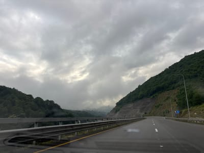 The image shows a wet asphalt road with white lane markings, suggesting it has recently rained. The road curves to the right, with a metal guardrail running alongside it on the left. Beyond the guardrail, a steep, tree-covered mountainside rises, with a rocky, excavated section visible at its base. On the right side of the road, a few streetlights are spaced out, and there are road signs, including one with a blue circle and a white arrow pointing upwards. In the distance, the road continues into a valley shrouded in fog or low clouds, with more forested hills visible. The sky is overcast with grey clouds, with some lighter patches suggesting diffused sunlight. This appears to be a highway or a major road constructed in a mountainous, forested area. The presence of the highway infrastructure, including the guardrail and streetlights, indicates a developed area. The overall impression is a scenic, natural landscape with modern road construction. The location is identified as Tsakva, Georgia.