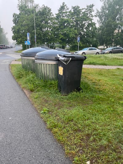 This image depicts a street scene in Maardu, Estonia, likely on a cloudy or misty day. In the foreground, a paved asphalt pathway runs along the left side of the frame. Adjacent to the pathway is a grassy area with scattered weeds and some patches of standing water, suggesting recent rain. Lined up along the edge of the grass are several large, cylindrical garbage bins. Three of these are silver, with rounded, dark gray lids. To the right of these is a black trash bin with a yellow label.

Further back, across a road with a pedestrian crossing, is a row of parked cars. Beyond the cars, a line of mature trees with dense green foliage forms a backdrop. Two blue traffic signs are visible near the pedestrian crossing: one indicating a pedestrian crossing and another with a silhouette of a person. A parking sign with a blue 'P' is also visible further down the street. The overall impression is one of a quiet, residential or commercial street in a suburban setting. There are no people visible in the image.