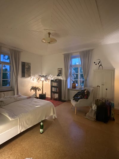 The image depicts a bedroom interior, possibly in a hotel or guesthouse, in Ammeldingen bei Neuerburg, Germany. A person is lying on a bed covered with white bedding, their legs extended and visible from the knees down, wearing white socks. The room features a sloped, wood-paneled ceiling with a circular light fixture. To the left, a window with light grey curtains is visible, and a radiator is beneath it. A framed picture hangs on the wall. In the center of the room, two palm-tree-shaped lamps illuminate the space. A dark bookshelf filled with books stands against the wall. To the right, a light grey armchair holds several bags, including a black jacket draped over the back. Adjacent to the armchair is a tall, white wardrobe with two doors. Several suitcases, including one with a colorful leopard print, are placed on the floor in front of the wardrobe. A green glass bottle lies on the cork floor near the bed. The overall lighting suggests it is evening or nighttime, with artificial light sources creating a warm ambiance.