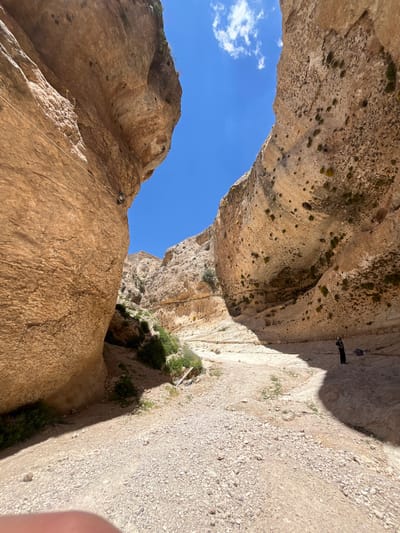 An upward-angled view of a rocky gorge or canyon in Ma'loula, Syria. The sides of the gorge are tan and brown with varied rock textures. Vegetation, including small green plants, is visible on the rock faces. The sky is a bright blue with a few scattered clouds visible through the top of the gorge. A person is rappelling down the rock face with a rope. The ground area of the gorge is visible with a path, and there is a finger present on the bottom right.
