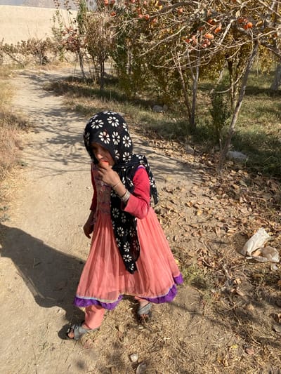 The image depicts a young individual on a dirt path in Bazar-e Panjva'i, Afghanistan. The subject, likely female, is captured mid-stride, holding a small orange fruit to her mouth, appearing to eat it. She wears a black headscarf with white floral patterns, a pink long-sleeved dress with a visible purple trim over pink trousers, and grey sandals. Several silver bangles are present on her right wrist. Her shadow is cast prominently on the dirt path to her left. The immediate environment includes dry, sparse vegetation to the right, with trees bearing orange fruits, consistent with persimmons. Dried leaves and some debris, including a crumpled white plastic bag, are on the ground. In the background, a light-colored wall or structure is visible, with hills or mountains beyond. The scene is illuminated by natural sunlight.
