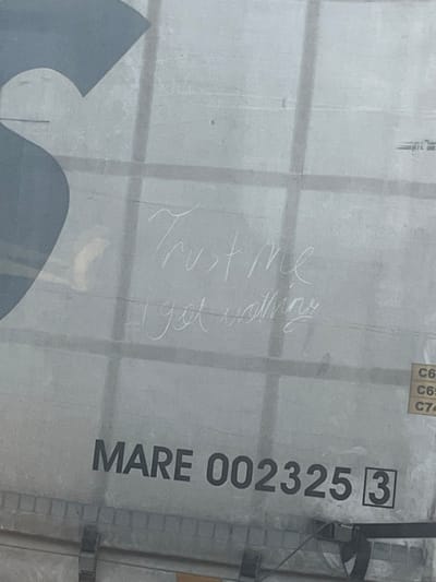 The image displays a close-up, angled view of a light-grey, corrugated metal surface, consistent with the side of a freight container or trailer. Vertical and horizontal seams form a grid pattern across the surface. On the upper left, a partial dark blue or grey stylized logo, resembling the curve of an 'S' or heart, is visible. White, scratched-in graffiti spans the upper-middle section, reading "Trust me" on the first line and "I got nothing" directly below it. Towards the bottom, in black sans-serif lettering, the text "MARE 002325" is present, followed by a '3' enclosed in a square outline. On the far right, three small, stacked, rectangular adhesive labels are partially visible, showing "C6...", "C6...", and "C7..." respectively. Dark straps or latches are faintly discernible along the bottom edge. The specific location within the city of Pliska, Bulgaria, is not discernible from the image's content. No individuals are present.