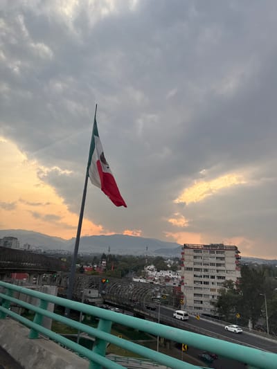 A Mexican flag waves against a cloudy sky with golden light. In the background is a cityscape with buildings, mountains, and a highway visible to the right. A green railing is in the foreground, on what appears to be a bridge or high vantage point. The scene evokes a sense of urban and national pride against a dramatic sky.
