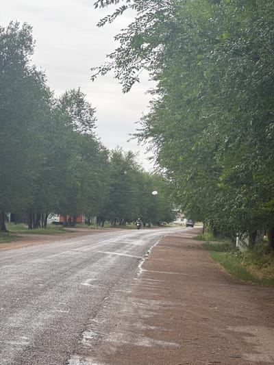 This is a vertical, medium-distance shot of a dirt road lined with trees on the left and what appears to be houses or buildings on the right. The road is wet and streaked with white, possibly from recent rain or dust. A few figures, possibly people on motorcycles, are visible on the road in the distance. A white vehicle and a red structure are also visible amongst the trees on the right side. The sky is overcast, suggesting cloudy or rainy weather. The foliage of the trees is dense and green, indicating it is likely spring or summer. The overall atmosphere is somewhat subdued due to the weather. No discernible text is visible in the image.