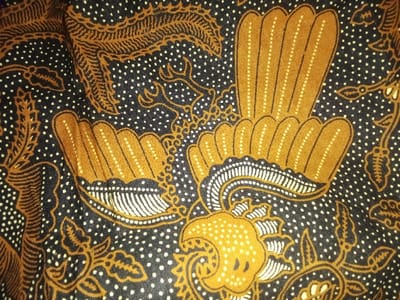 The image depicts a textile pattern. No specific location within Umsobomvu Local Municipality, South Africa, is discernable within the image frame. The scene is a close-up of a fabric displaying an intricate, multi-colored pattern. The textile background is black, uniformly covered with small, scattered white dots. Dominant motifs in golden-brown (ochre) overlay the black background. These motifs include stylized fan-like or feather shapes, with each segment delineated by a vertical line of small white dots. Other golden-brown elements consist of swirling tendrils and abstract foliate or floral designs. Select areas within the golden-brown patterns are accented with fine white parallel lines or clusters of white dots. No people, other distinct objects, or discernible actions are present in the detailed view of the fabric.